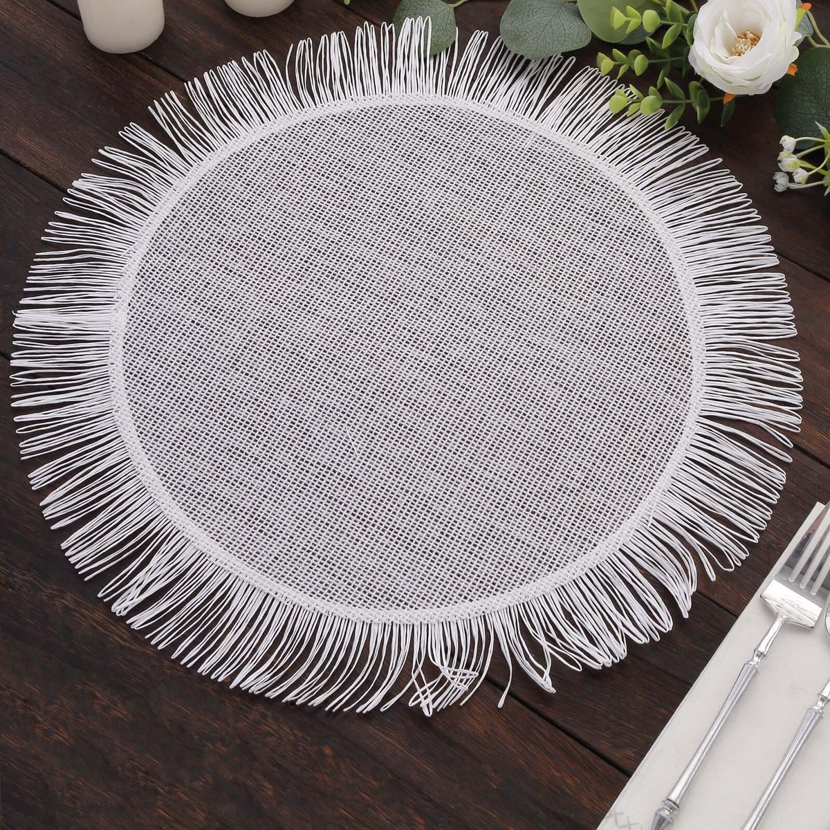 4-Pack Placemats Fringe Edge Design White Jute Round - Rustic Boho Chic Burlap Table Decor 16"