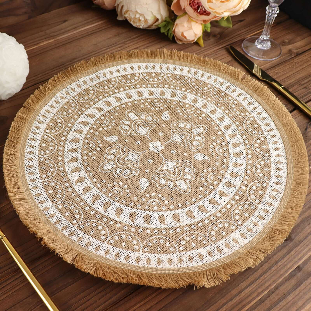 4-Pack Placemats Fringe Print Design Natural Jute and White Round - Rustic Burlap Woven Style 15"