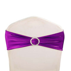 5 Pack Metallic Spandex Chair Sashes Purple - Stretch Fit Chair Bands With Round Diamond Buckles